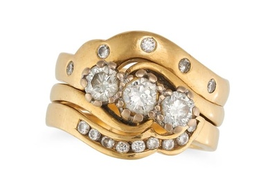 THREE DIAMOND STACKING RINGS in 18ct yellow gold, comprising a three stone diamond ring and two