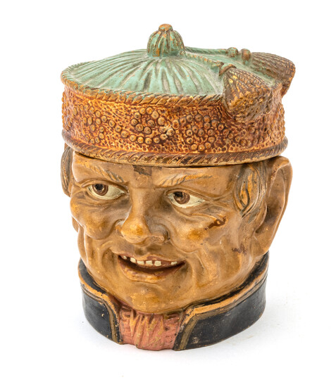 TOBACCO JAR, HEAD WITH TASSEL HAT C 1880 H 7" DIA 5"