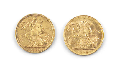 TWO GOLD SOVEREIGNS, 1889 and 1908. (2)
