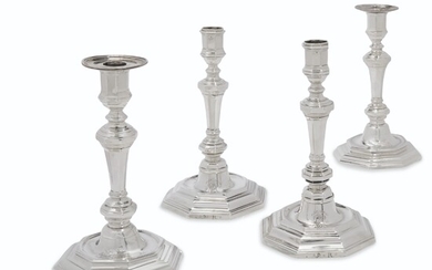 TWO PAIRS OF LOUIS XV SILVER CANDLESTICKS