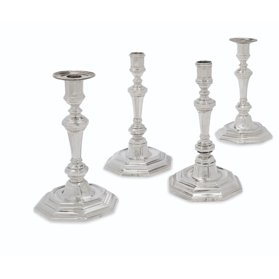 TWO PAIRS OF LOUIS XV SILVER CANDLESTICKS