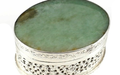 Thailand Jade & Solid Silver Trinket Box, c1910 Pierced & Hand Chased Floral