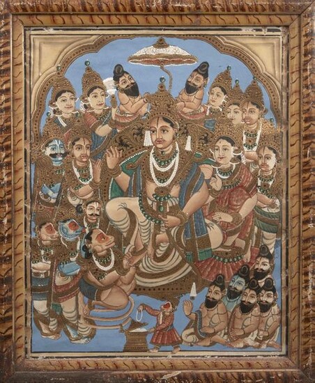 The coronation of Rama, Tanjore, South India, early 20th century, opaque pigments and gold leaf on paper, depicting a heavily jewelled Rama bearing the thenkalai cast mark on his forehead, in original frame, painting 75 x 59cm., framed 89 x 72cm.