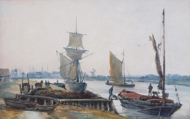 Thomas LOUND (British 1802-1861) Yarmouth - Loading barges, Watercolour,...