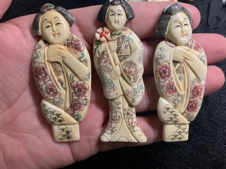 Three Bone Carved Japanese Lady