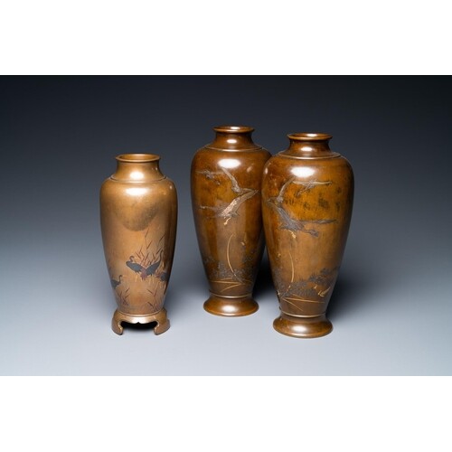 Three Japanese silver- and brass inlaid bronze vases, Meiji,...