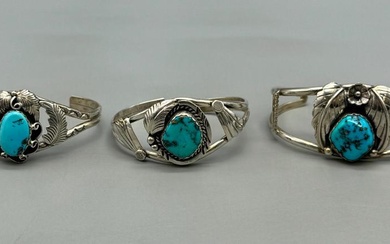 Three Turquoise And Sterling Silver Bracelets