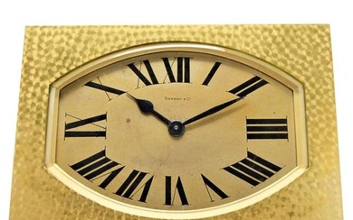 Tiffany & Co. Art Deco French Made Hammered Brass and Gilt Desk Clock, 1930s