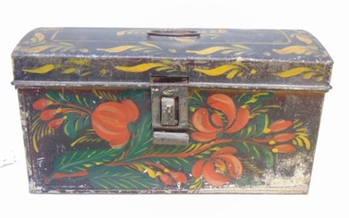 Tole floral paint decorated box, hinged lid, box is 8" by 3", height is 4.5" some wear of paint, see