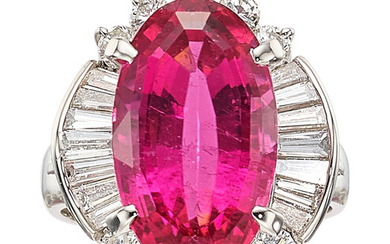Tourmaline, Diamond, Platinum Ring Stones: Oval-shaped pink tourmaline weighing...