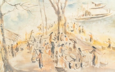 Tu Duyen (Vietnam, 1915 2012), ink and watercolour on silk: 'Harbour scene', dated 1974