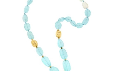 Tumbled Aquamarine, Quartz and Gold Bead and Diamond Pendant-Necklace