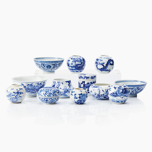 Twelve Chinese miniature blue and white vessels