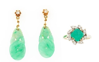 Two-Color Gold, Emerald and Diamond Ring and Pair of Gold, Jade and Diamond Pendant-Earrings