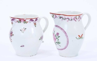 Two Lowestoft sparrow beak jugs, both painted in the Curtis style with flowers, the first with a puce panel below the spout