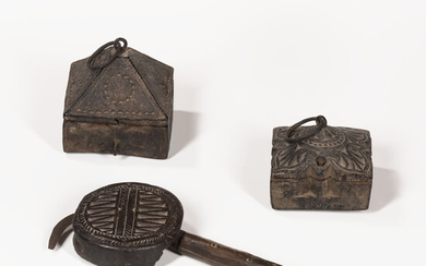 Two Nepalese Wood Boxes and Rice Sickle