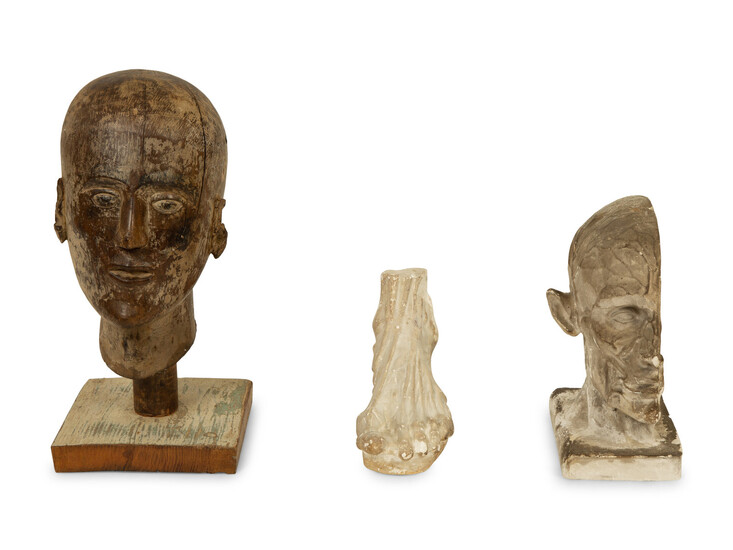 Two Plaster Studies of a Foot and a Profile Head together with a Continental Carved Wood Bust