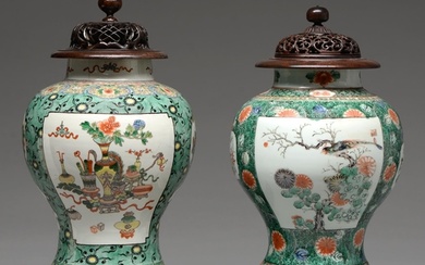 Two Samson famille verte jars, enamelled in Kangxi style wit...