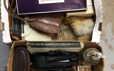 Two boxes of sundries, including a camera, binoculars, vintage handbags, etc