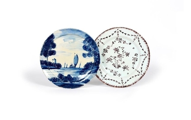 Two delftware plates c.1720-80, one painted in blue...