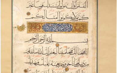 Two large illuminated Qur'an leaves in muhaqqaq script on paper,...