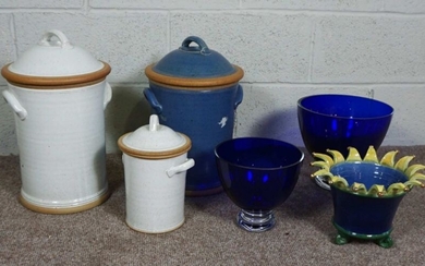 Two large stoneware covered kitchen jars, together with a similar smaller version, two large blue