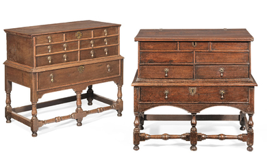 Two similar William & Mary joined oak and elm boxes-on-stands, circa 1690