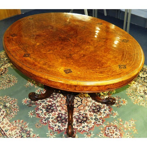 VICTORIAN BURR INLAID WALNUT OVAL TABLE ON FOUR TURNED SUPPO...