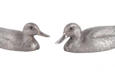 Val Bennett (b. 1923) for Hancocks, a pair of silver models of half size mallard ducks by C. F. Hancock & Co.