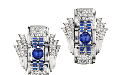 Van Cleef & Arpels, Art Deco Diamond and Sapphire Clip Brooch; Together with a Similar Clip