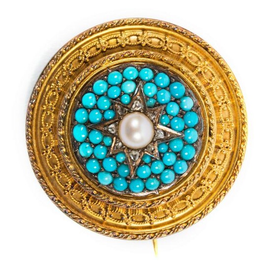 Victorian 15k Gold Diamond Turquoise, Pearl Brooch
