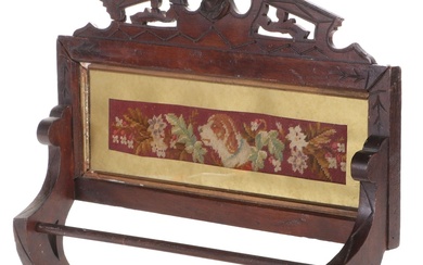 Victorian Eastlake Carved Wood Towel Rack with Needlepoint, Late 19th C.