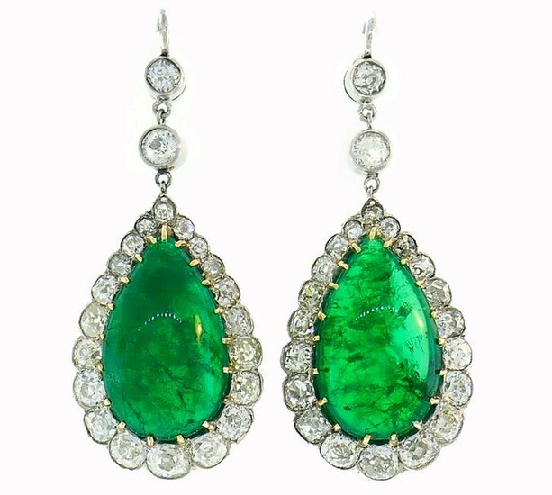 Victorian Emerald Diamond Gold Dangle EARRINGS Antique