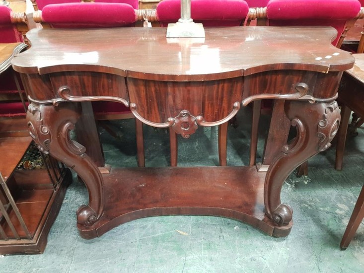 Victorian Mahogany Serpentine Front Hall Table, with concealed frieze drawer, cabriole legs & concave plinth