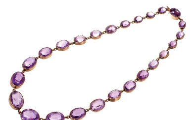 Victorian amethyst and gold rivière necklace with graduated oval mixed cut amethysts in gold collet setting