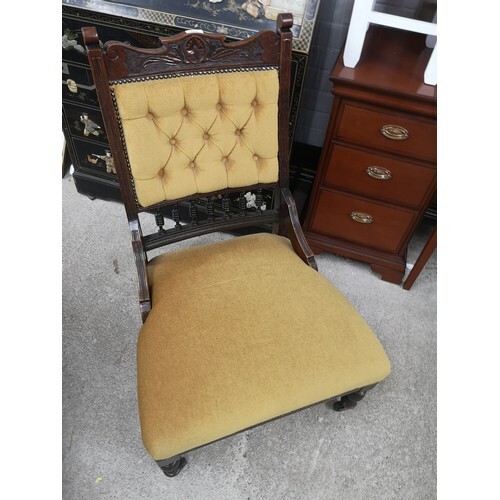 Victorian gentlemans button back chair with yellow upholster...