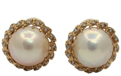Vintage 14K Yellow Gold Mabe Pearl Diamond Earrings