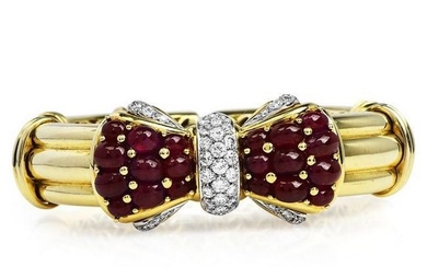 Vintage 19.50cts Ruby Diamond 18K Gold Bow Cuff Bangle Bracelet