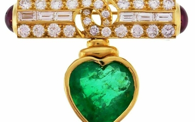 Vintage BULGARI Heart Emerald 18k Gold PIN Brooch Clip
