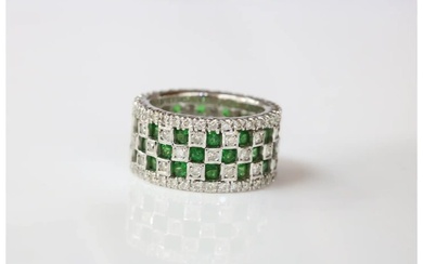 Vintage Checkerboard Tsavorite Garnet and Diamond 18K White Gold Ring