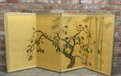 Vintage Chinese hand painted fruit tree and bird design four...