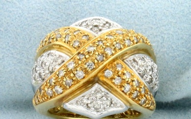 Vintage Diamond Criss Cross Design Statement Ring in 18K Yellow and White Gold