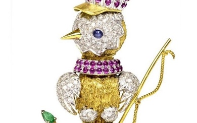 Vintage Diamond Ruby Sapphire Emerald 14K Gold Fishing Bird Brooch Pin