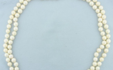 Vintage Sapphire Heart Akoya Pearl Necklace in 14k White Gold