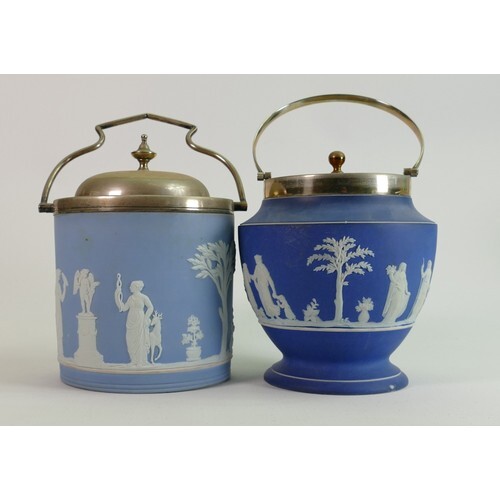 Wedgwood Jasperware biscuit barrels with silver plated fitti...