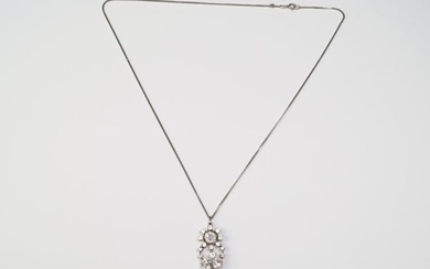 White gold gourmet link necklace, 14 kt, with white gold pendant, 14 kt, set with old mine cut