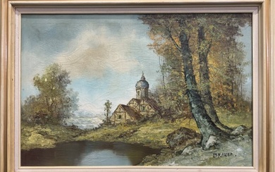 Wilhelm Brauer Large Signed Impasto Oil on Canvas Landscape Church Steeple Painting