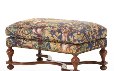 William and Mary Style Beech Ottoman with Hunt-Themed Upholstery