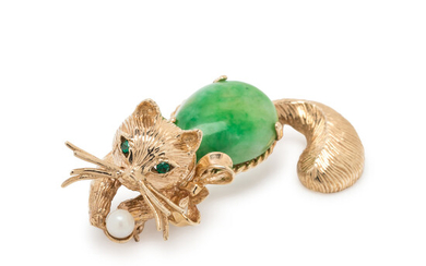 YELLOW GOLD AND GEMSTONE CAT BROOCH