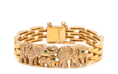 YELLOW GOLD, DIAMOND AND EMERALD ELEPHANT BRACELET